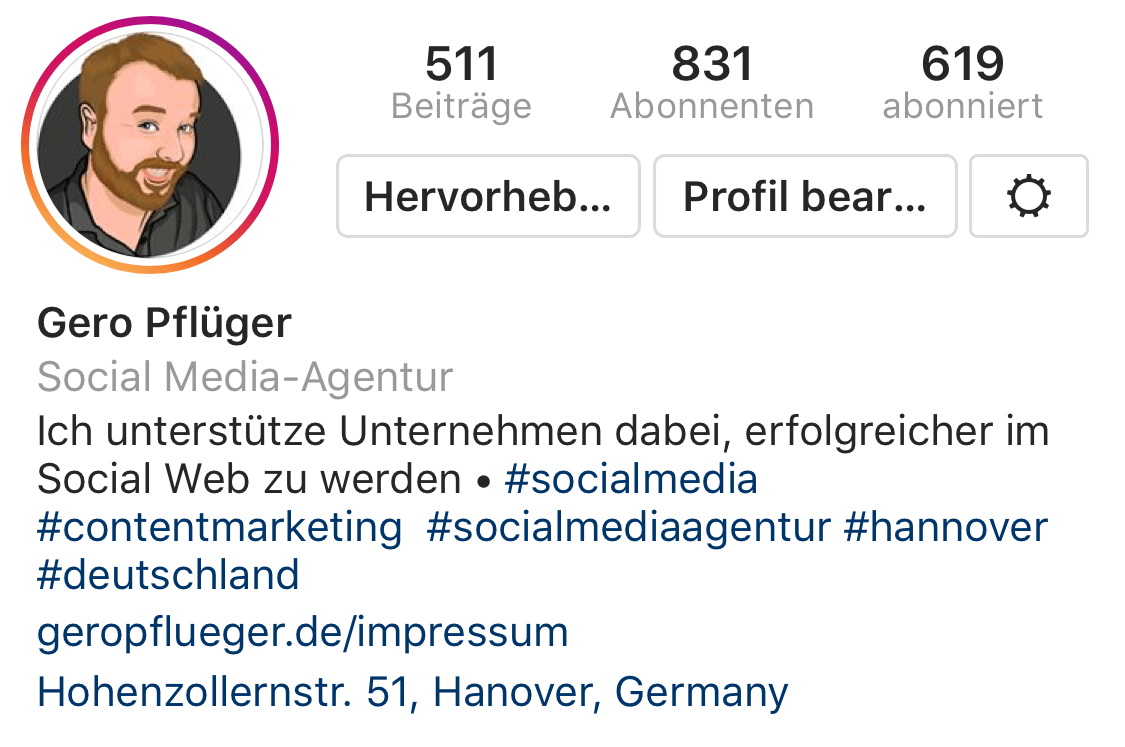 Wenn Sie Ihr Profil auf Instagram ansprechend gestalten wollen, nutzen Sie die 150 Zeichen der Bio gut aus. / Instagram-Profil von geropflueger (Screenshot Juni 2018)